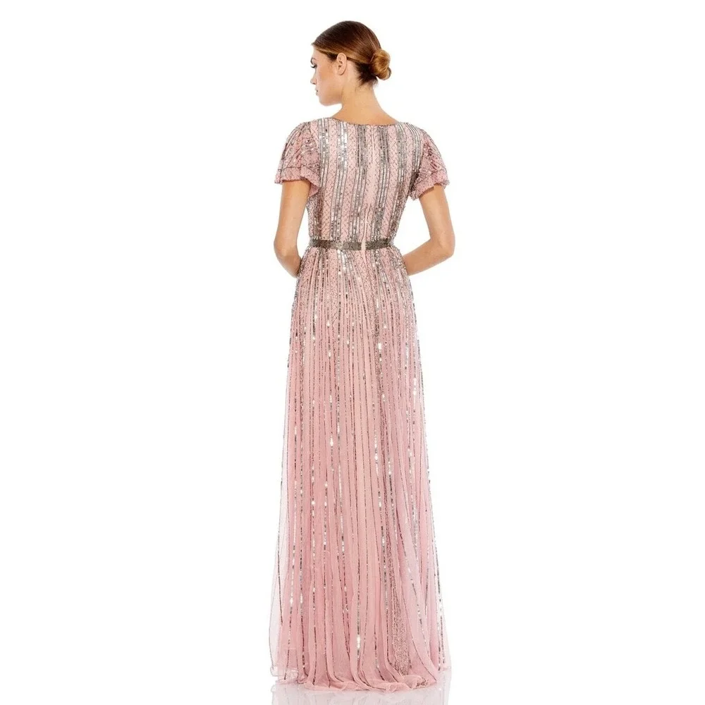 Mac Duggal 70108 Rose Pink Sequin Beaded Flutter Sleeve V-Neck Gown Dress size 4 - Picture 4 of 14